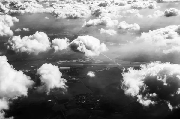clouds in sky, black and white wallpaper, view from airplane