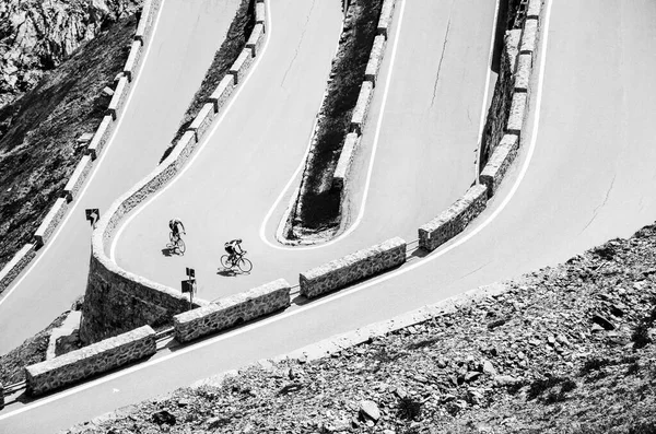 Motociclista Carretera Foto Ciclista Tour Italia Passo Dello Stelvio — Foto de Stock