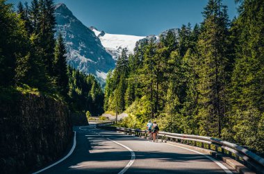 Yoldaki bisikletçi, bisikletçi fotoğrafı. Tur, İtalya, Passo dello Stelvio