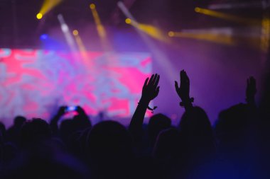 Eller havada, konserde siluet, yaz müzik festivalinde parti. Eğlence, grup dansı, DJ müzik, insanlar eğleniyor..