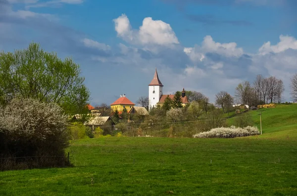 Wiosna Nad Wioską Kościół Domy Wiejskie Krajobrazy Natura Kwiatami Drzewach — Zdjęcie stockowe