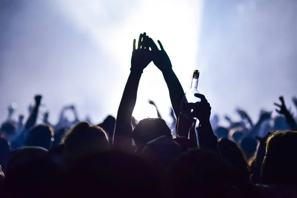 Hands silhouette in the air on concert, party in summer music festival. Entertainment, group dance, DJ play music, people have fun.