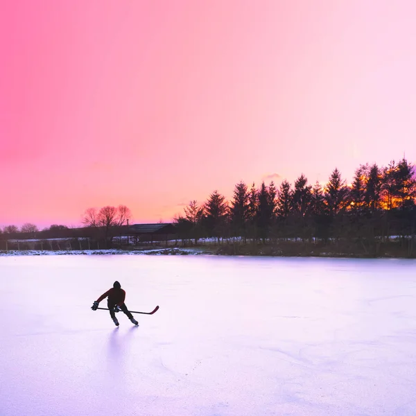 Silhouette Joueur Hockey Sur Glace Coucher Soleil Arrière Plan — Photo