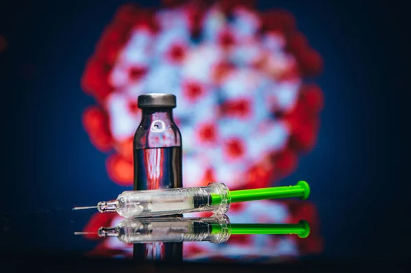Coronavirus Covid 19防护和疫苗 药物针头注射器 背景中的头孢病毒 — 图库照片
