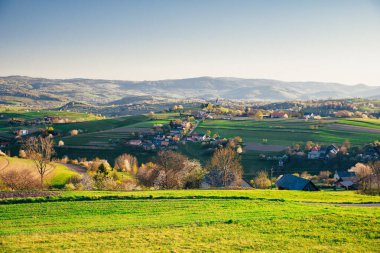 Toskana 'da. Toskana manzarası, gün batımının ışığında yuvarlanan tepeler.