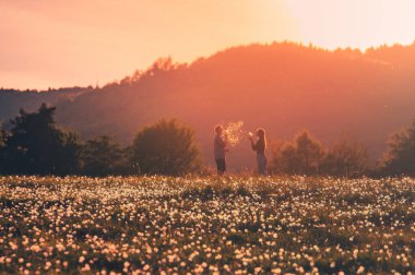 Yaz günbatımında bahar çayırlarında yürüyen çift.