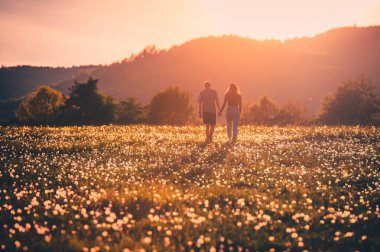 Sevgililer günü kartı ya da evlilik kartı. Birbirine aşık çiftler bahar akşamı gün batımında yürüyorlar. Karahindiba otlaklarında.