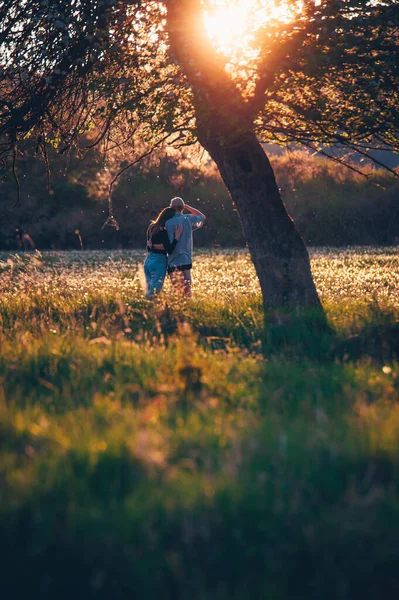 Paar Liefde Staan Samen Kleurrijke Weide Prachtige Zonsondergang Licht — Stockfoto