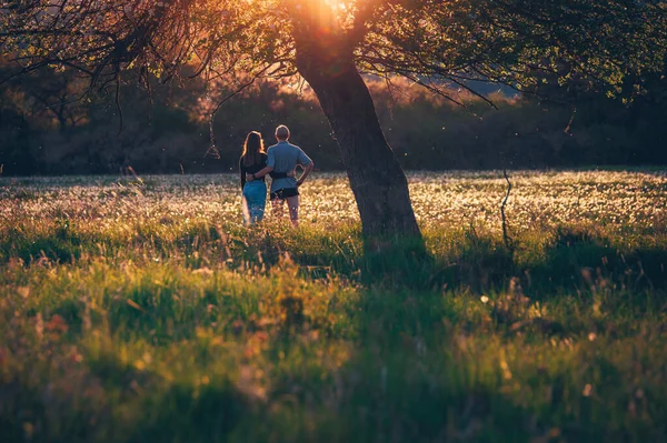 Samen Avonturenfoto Paar Lente Weide Kijken Naar Zomer Zonsondergang Licht — Stockfoto