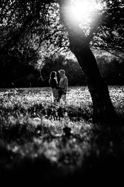 Zwart Wit Foto Man Vrouw Verliefd Samen Zonsondergang Licht Silhouet — Stockfoto