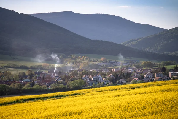 Village Yellow Fields Oilseed Rape Dust Chimney Landscape — Stock Photo, Image