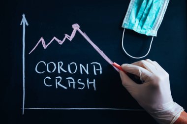 CORONA CRASH, siyah okul yönetim kuruluna tebeşirle yazılmış beyaz metin, grafik ekonominin ve finansal piyasanın çöküşünü gösteriyor. Siyah düzenleme alanı