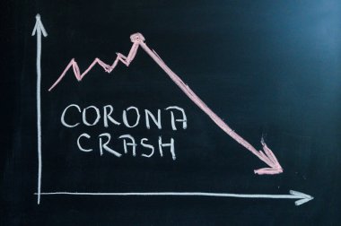 CORONA CRASH, siyah okul yönetim kuruluna tebeşirle yazılmış beyaz metin, grafik ekonominin ve finansal piyasanın çöküşünü gösteriyor. Siyah düzenleme alanı