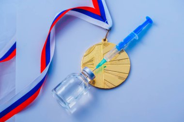Doping in Sport, Gold medal for victory, syringe, glass bottle with doping clipart