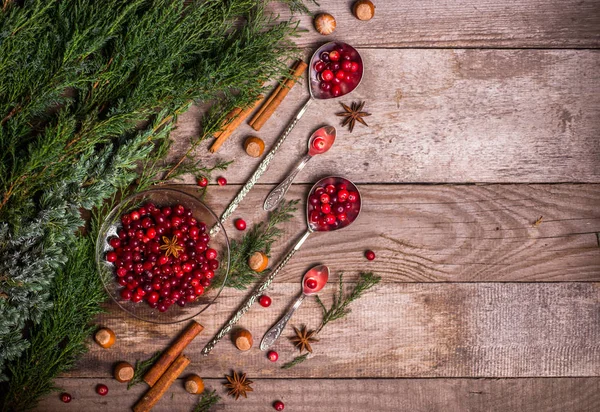 Ingrediënten Voor Kerstmis Winter Bakken Koekjes Peperkoek Fruitcake Seizoensdrankjes Cranberries — Stockfoto