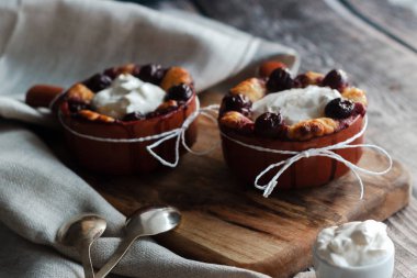 Cottage cheese casserole with cherry and sour cream