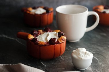Cottage cheese casserole with cherry and sour cream