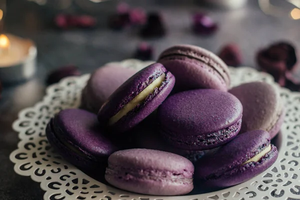 Macaroons. Delicious french desserts. Macaroons on the table.