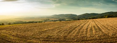 Renkli dağların ve tarlaların manzarası gün batımında aydınlandı..