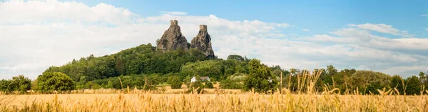 Panorama do Castelo de Trosky construído sobre rocha vulcânica, vista do campo de cereais . — Fotografia de Stock