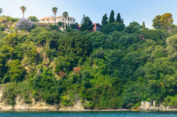 Ev bir dağın tepesine inşa edilmiş, yamaçta ağaçlar var..