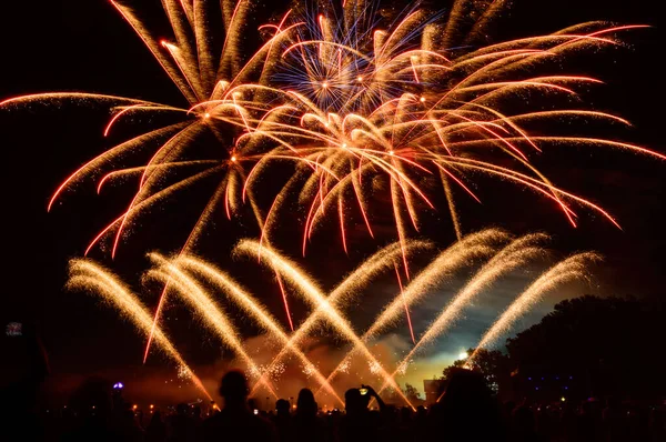 Night fireworks display, large numbers of people gathered.