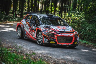 Miedzylesie, Polonya - 6 Ekim 2019: Polonyalı Lukasz Kotarba ve yardımcı pilot Tomasz Kotarba, Miedzylesie 'deki 53. Mitingde Citroen C3 R5 ralli arabasında.