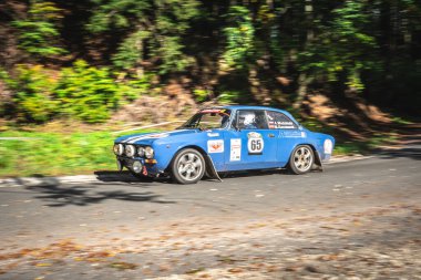 Miedzylesie, Polonya - 6 Ekim 2019: Polonyalı Andrzej Wodzinski ve yardımcı pilot Marek Kaczmarek, Miedzylesie 'deki 53. Mitingde Alfa Romeo 1750 GTAm ralli arabasıyla.