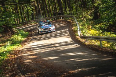 Miedzylesie, Polonya - 6 Ekim 2019: Polonyalı Lukasz Kabacinski ve yardımcı pilot Michal Kusnierz, Miedzylesie 'deki 53. Mitingde Ford Fiesta Proto ralli arabasında.