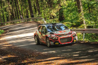 Miedzylesie, Polonya - 6 Ekim 2019: Polonyalı Lukasz Kotarba ve yardımcı pilot Tomasz Kotarba, Miedzylesie 'deki 53. Mitingde Citroen C3 R5 ralli arabasında.