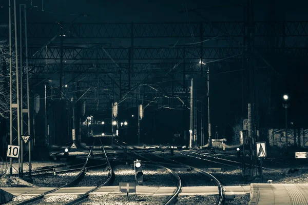 Вид Довгі Колії Залізничну Тягу Семафори Перемикачі Колій Потяг Може — стокове фото