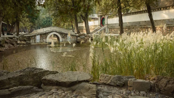 Alley Imperial Garden Small Stone Bridge Pond Blooming Grass — Stock Photo, Image