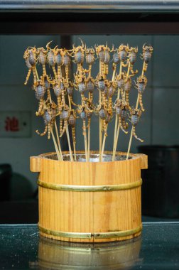 Scorpion skewers, live scorpion studded on a skewer stick. clipart