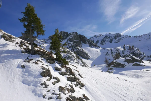 Snöigt Landskap Montgenvre Höga Alperna Vintern Frankrike — Stockfoto