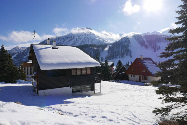 snowy landscape of Montgenvre in the high Alps in winter, france