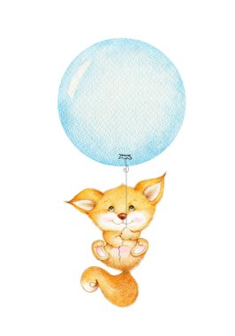 Mavi balon üzerinde uçan tilki