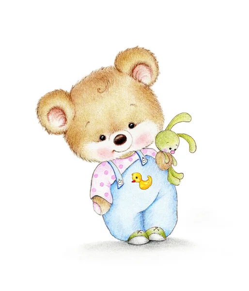 Oyuncak ayı beyaz arka plan üzerinde tavşanlı 