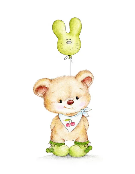 Teddybeer Met Bunny Ballon Witte Achtergrond — Stockfoto