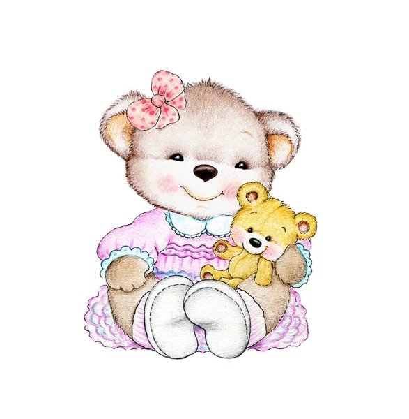 Teddybjörn Flicka Med Baby Vit Bakgrund — Stockfoto