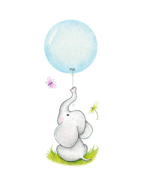 Elephant Holding Sitter Gräset Blå Ballong — Stockfoto