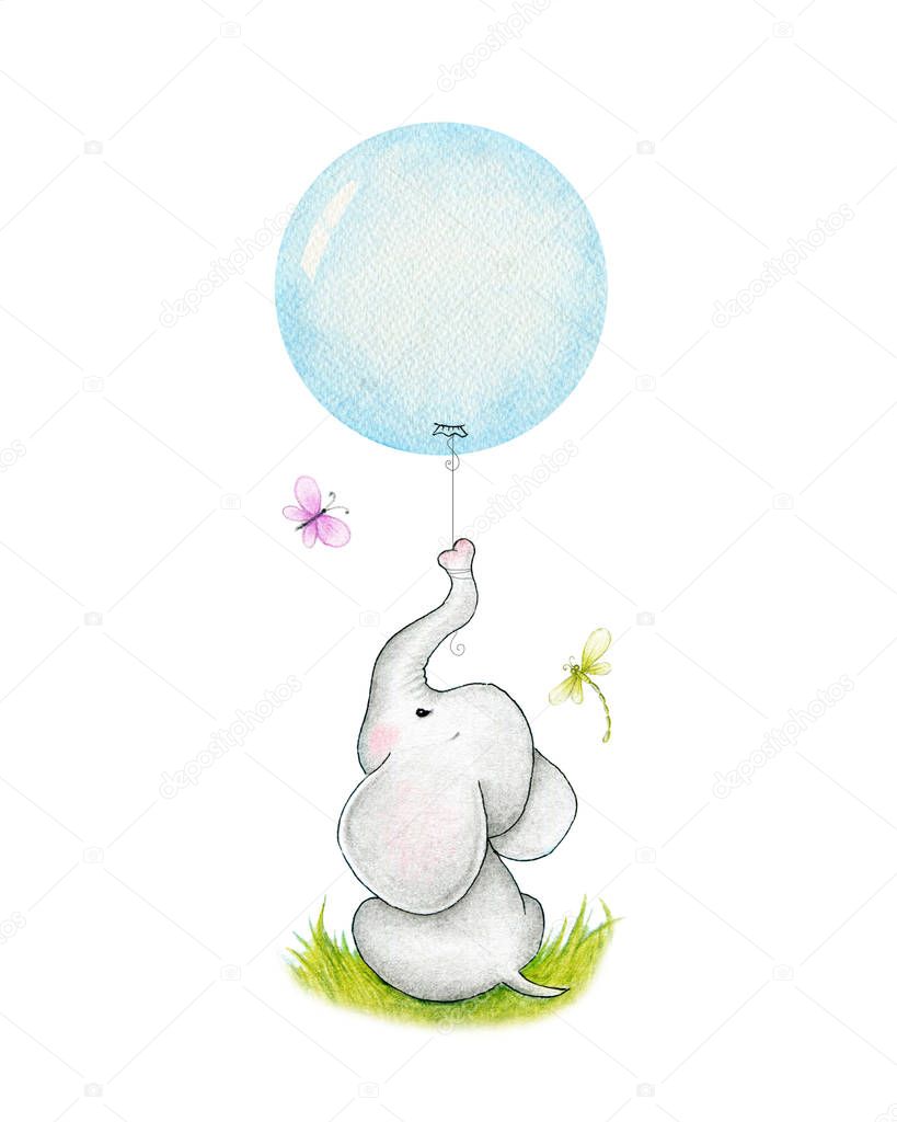  elephant holding sitting on the grass on  blue balloon
