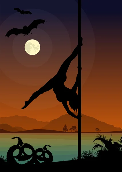 Чорний векторний силует танцюриста-жіночого полюса, що виконує полюси, рухається перед річкою та повним місяцем на ніч Хеллоуїна — стоковий вектор