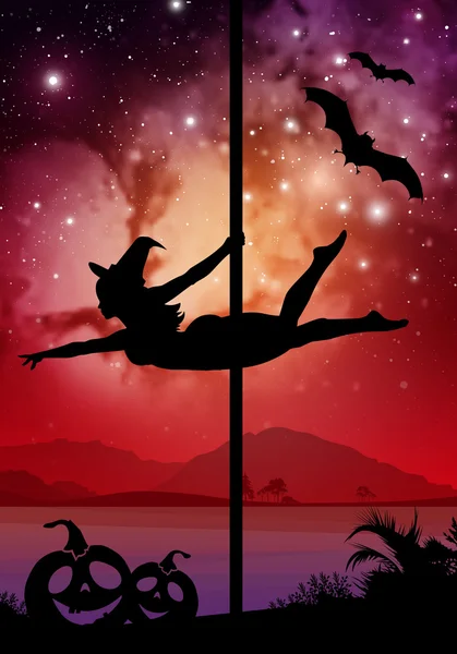 Silueta de estilo Halloween de bailarina de polo femenina. realizando movimientos de polos frente al río y las estrellas. Bailarina de poste frente al fondo espacial con elementos de Halloween . — Archivo Imágenes Vectoriales