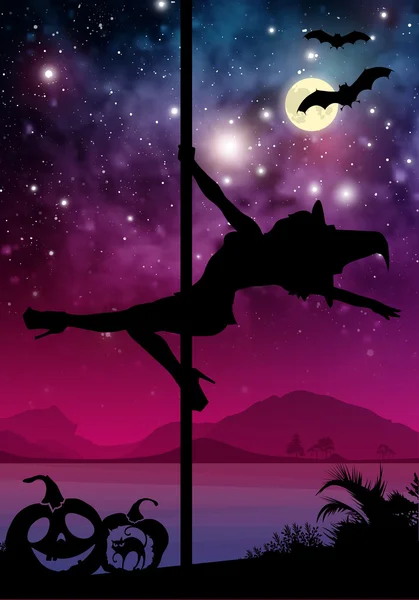 Halloween style silhouette of female pole dancer. performing pole moves in front of river and stars. Pole dancer in front of space background with Halloween elements. — Stock Vector