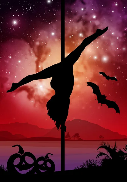 Silhouette einer Poledance-Tänzerin im Halloween-Stil. Stange bewegt sich vor Fluss und Sternen. Pole-Dancer vor Weltraum-Hintergrund mit Halloween-Elementen. — Stockvektor