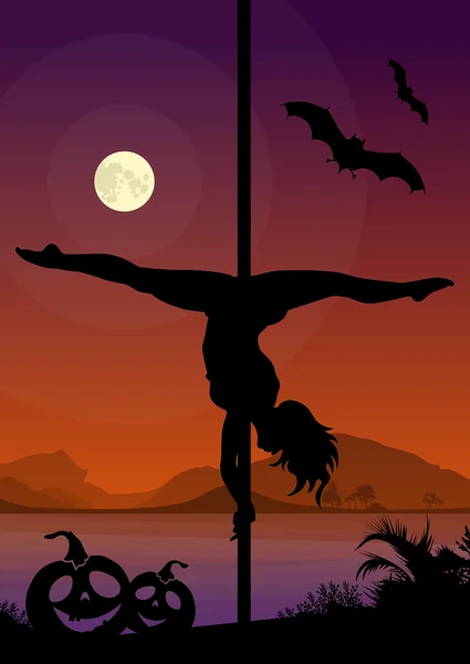 Черный векторный силуэт танцовщицы с шестом, выполняющей движения перед рекой и полнолунием в ночь на Хэллоуин — стоковый вектор