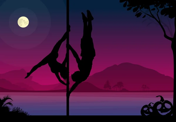 Cadılar Bayramı stil siluetleri erkek ve dişi direk dansör duo hileler nehir ve dolunay önünde geceleri gerçekleştirmek.