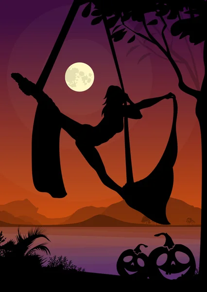 Cadılar Bayramı stil siluet hava jimnastikçi. Kadın hava ipek sanatçı nehir ve Dolunay geceleri önünde siyah vektör silüeti.