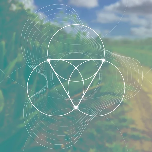 Çiçek yaşam - bulanık fotogerçekçi doğa arka plan önünde iç içe daireler eski simgesi. Kutsal geometri - matematik, doğa ve doğa maneviyat.
