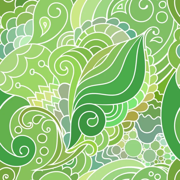 Patrón textil de estilo boho verde con ondas y rizos. Estilo oriental colorido zentangle fondo sin costuras . — Vector de stock